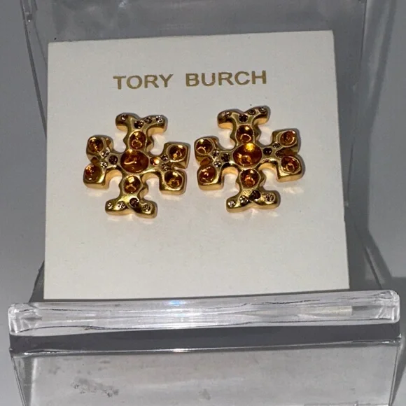 Tory Burch Gold Earrings with Orange Details - Picture 1 of 5
